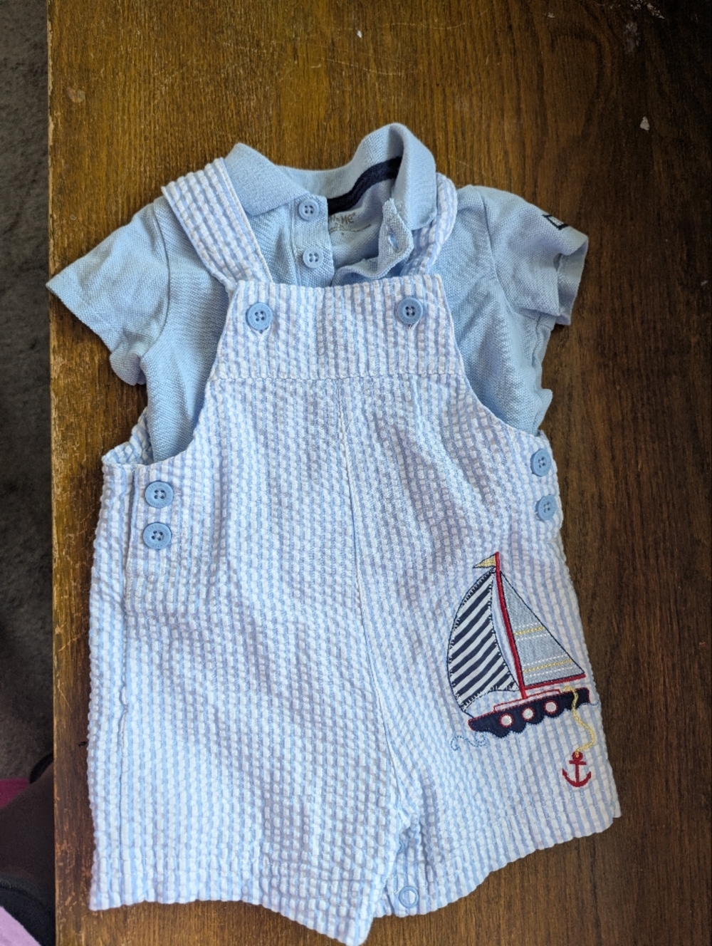 Little Me 9m Blue Shortall/Polo Set